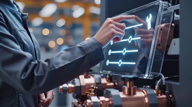Engineer adjusting parameters on transparent digital interface panel in industrial facility. Technical configuration screen with sliders and wrench for machinery calibration, automation control
