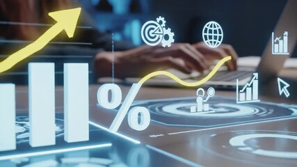 Professional working on laptop with overlay of business analytics icons including growth charts, percentage symbols and global connectivity. Digital visualization of kpi metrics, performance trends - Powered by Adobe