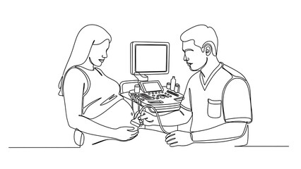 One line art continuous line drawing illustration of a pregnant woman undergoing an ultrasound examination performed by a medical professional isolated on white background