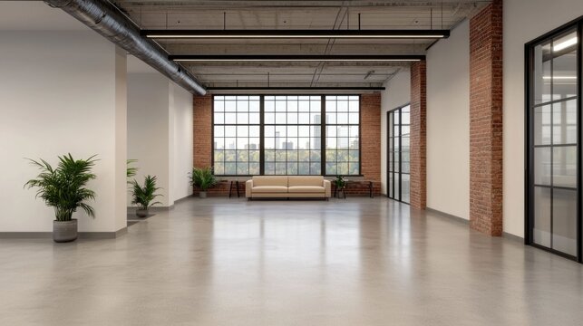 Inviting industrial style open office space with creative design and collaborative zones for inspiring teamwork innovation and increased productivity in a modern and minimal setting