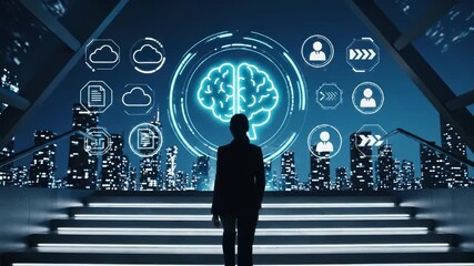 Professional silhouette facing illuminated brain hologram with cloud computing and user interface icons against urban skyline. Digital network visualization for artificial intelligence, machine - Powered by Adobe