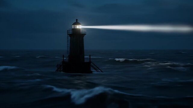 Cinematic Lighthouse In Stormy Ocean At Night With Light Beam