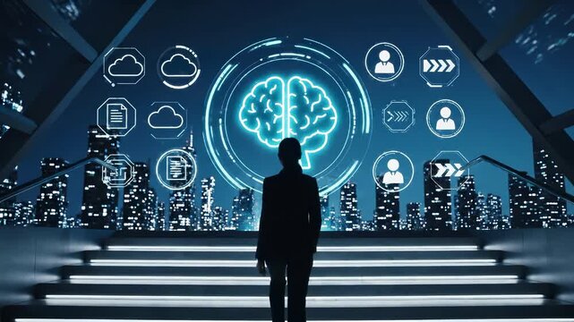 Professional silhouette facing illuminated brain hologram with cloud computing and user interface icons against urban skyline. Digital network visualization for artificial intelligence, machine