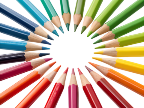 Circle of Colored Pencils on Black Background Keywords: colored pencils, art supplies, art isolated on a transparent background.