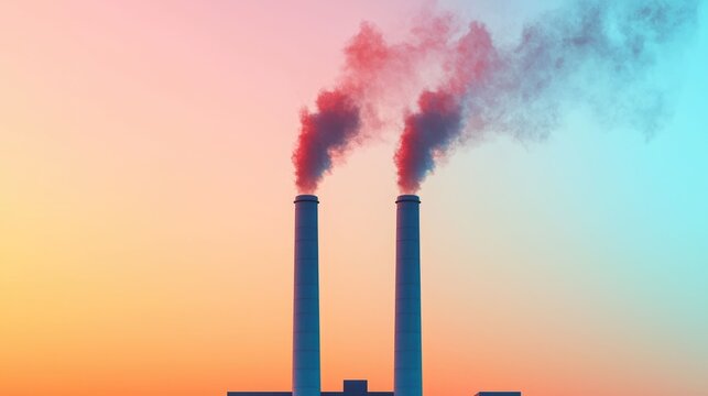 Striking silhouette of a large industrial factory or power plant set against a vibrant colorful evening sky with billowing smoke or steam rising from the chimneys