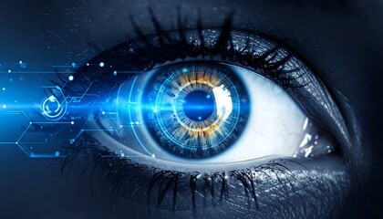 Close-up of an eye enhanced with digital lines and a glowing iris, predominantly in blue tones
