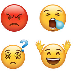 Four different expressive emoji faces isolated on transparent background
