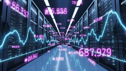 Server datacenter corridor with financial data visualization, graph waves and numerical metrics overlay. Digital infrastructure concept for cloud computing, analytics, market trends and business - Powered by Adobe