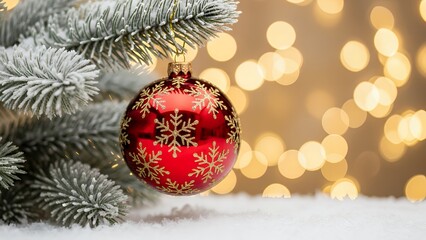 Obraz premium Frosted pine branches cradle a bright red ornament adorned with sparkling gold snowflakes while warm bokeh lights illuminate the background, adding a cozy and elegant seasonal feel.