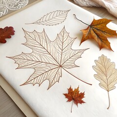 Autumnal maple and oak leaves form a vibrant orange, yellow, and red foliage pattern on a brown wooden background