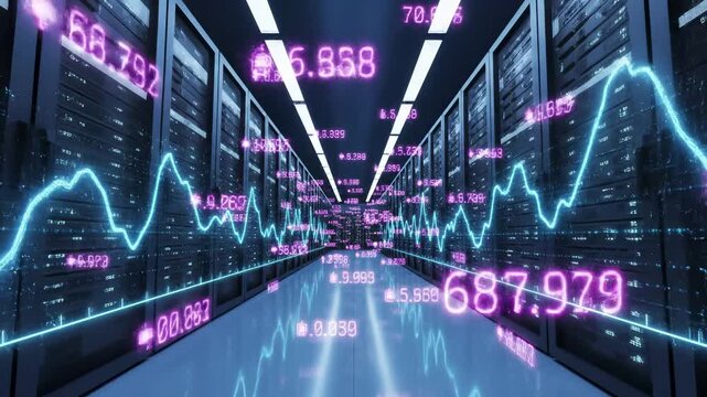 Server datacenter corridor with financial data visualization, graph waves and numerical metrics overlay. Digital infrastructure concept for cloud computing, analytics, market trends and business - Powered by Adobe