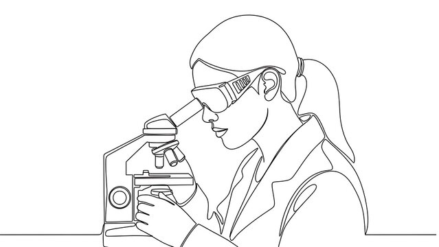 One line art continuous line drawing of a female scientist wearing safety goggles and a lab coat looking through a microscope, isolated on white background