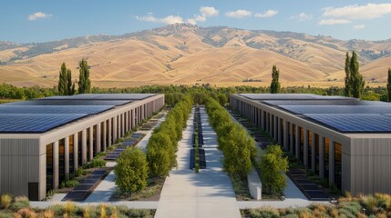 Aerial view of a modern industrial park designed with integrated solar panels on the rooftops showcasing a commitment to sustainability and renewable energy in the manufacturing sector