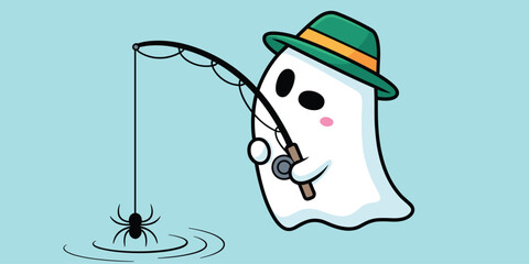 Ghost fishing with spider, Halloween cartoon character, spooky cute ghost, green hat, funny fishing scene, flat vector illustration