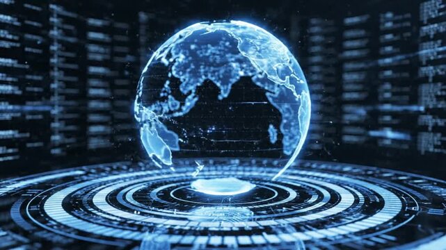 Dynamic digital globe spinning with data streams and futuristic technology, perfect for illustrating global connection and innovation in an engaging way - Powered by Adobe