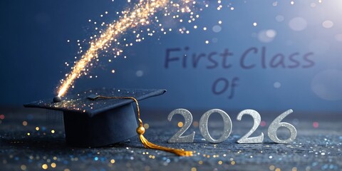 Graduation celebration with a cap and sparklers announcing the first class of 2026 with a festive atmosphere