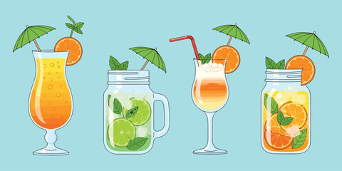 Tropical drinks cartoon set, colorful beverages, cocktail glasses, fruit garnish, summer refreshment, festive mood, flat vector illustration