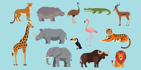 Wild animal cartoon set, cheetah, elephant, tiger, giraffe, crocodile, jungle fauna, kids education, flat vector illustration © MdNaimurRahaman