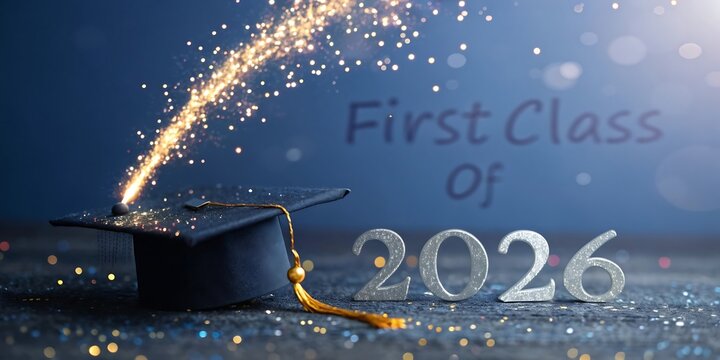 Graduation celebration with a cap and sparklers announcing the first class of 2026 with a festive atmosphere