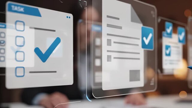 Digital checklist interface with checkmark icons for task completion and verification. Professional workspace with virtual document and approval system for business workflow management, productivity