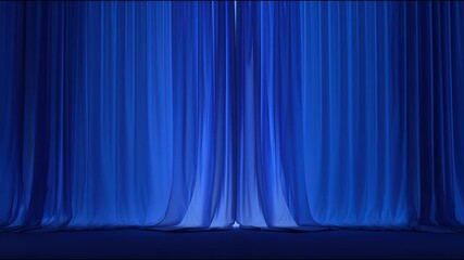 Blue theater curtain closing and opening under soft spotlights, creating a dramatic stage backdrop for product presentations, event banners and World Theatre Day content