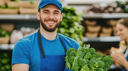 Friendly eco conscious grocery delivery service represented by a smiling courier in a blue uniform holding an environmentally friendly grocery bag and delivering to a happy customer