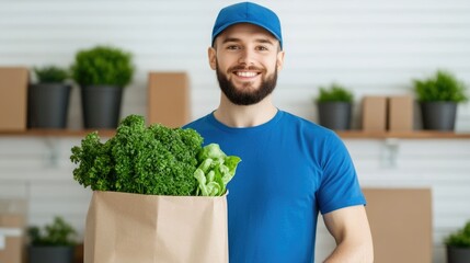 Portrait of a friendly uniformed delivery worker in a blue cap and shirt handing a reusable grocery bag filled with fresh organic produce to a smiling customer