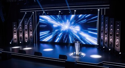 Modern stage setup with bright blue screen and lights.