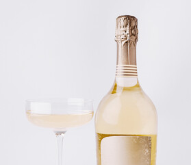 Elegant sparkling wine and champagne glass on a plain background