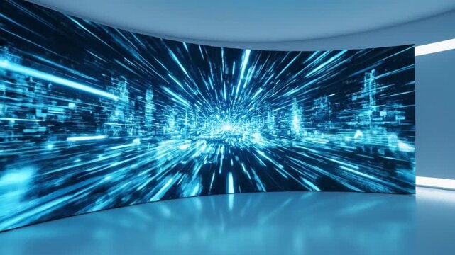 Futuristic blue studio with dynamic light streaks, ideal for modern tech presentations or product reveals, offering a clean, innovative backdrop