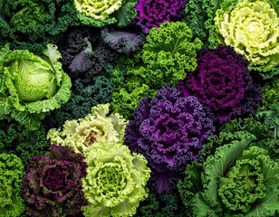 Colorful array of cabbages and ornamental kale showing green, purple, and lime-colored variations