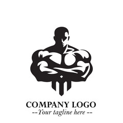 Man With Muscle Logo Symbol in Black on White Background for Strong Bold Fitness Branding Design Art