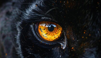 Close-up of a black animal's face with a striking amber eye showing intricate details and vibrant colors