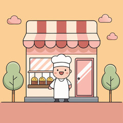 Cute baker standing outside a charming bakery shop with pastries