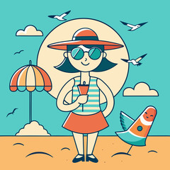 Joyful woman enjoys beach vacation with drink and seagulls
