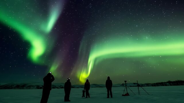 Cinematic Northern Lights Dance Over Starry Sky Silhouettes