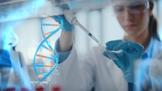 Female Geneticist in Goggles Pipettes Solution Between Test Tubes Beside  DNA Helix Hologram, Precision Biotechnology Research. Visualizing Personalized Gene Therapy in Laboratory