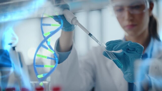 Focused Female Biochemist in Goggles Pipettes Medical Liquid Into Test Tube. DNA Hologram. Advanced Gene Therapy Development, Molecular Diagnostics, Precision Pharmaceutical Innovation in Laboratory.