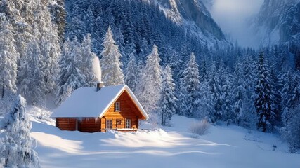 Picturesque winter landscape featuring a secluded wooden cabin with a smoking chimney nestled in a snow covered alpine forest, as gentle snowflakes are peacefully falling from the sky - Powered by Adobe