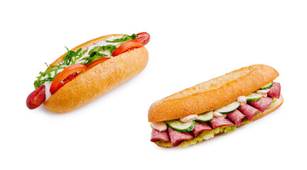 Two delicious sandwiches with fresh ingredients on a clean background