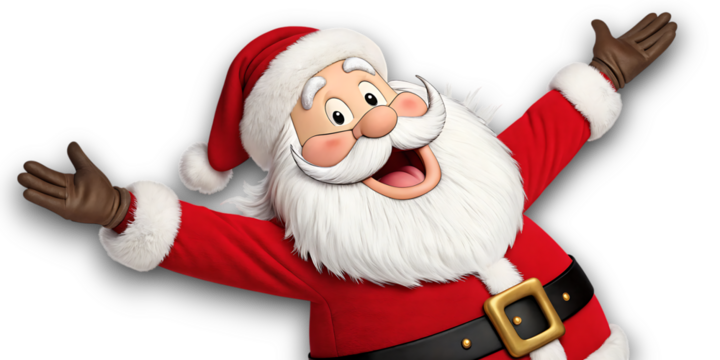 Jolly santa claus in his iconic red suit with a white beard and hat arms outstretched in a welcoming gesture against a black background