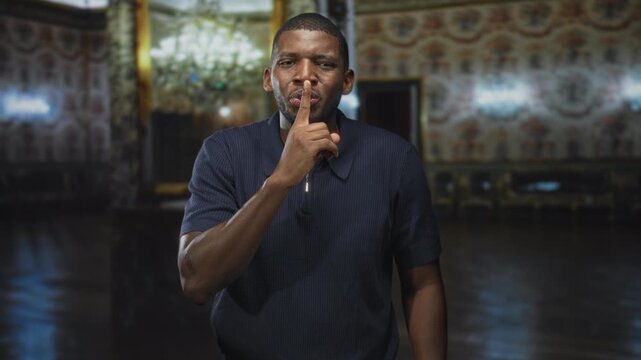 Man shushing with finger to lips in ornate building with chandelier and patterned wallpaper; silence.