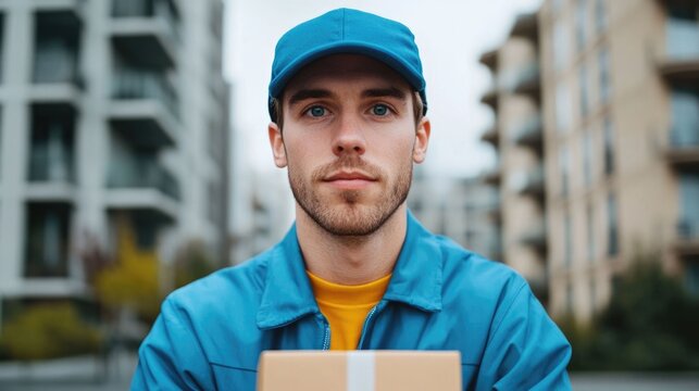 A delivery man wearing a blue cap is standing in front of an apartment complex holding a small package  The image depicts the daily routine and profession of a courier or postal worker