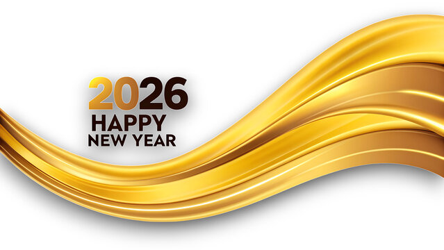 Elegant golden wave design with 2026  and HAPPY NEW YEAR text on a white background for festive celebrations and new year greetings