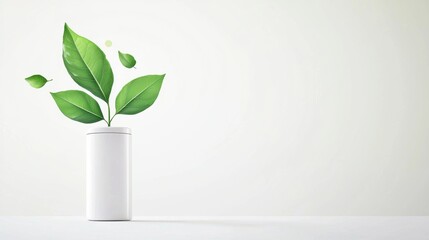 Sustainability Green Battery Fully charged battery with a green leaf icon, white background, represents renewable energy and energy storage