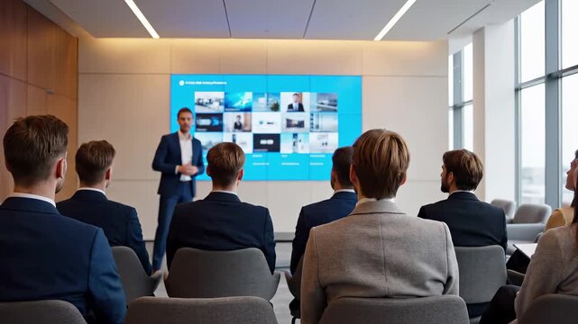 Business presentation in modern corporate office with professional speaker addressing seated audience. Conference room setting with projection screen displaying multimedia content for team meeting,