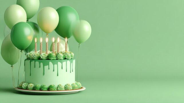 Green birthday cake with lit candles surrounded by festive green and gold balloons on a matching green background for cheerful birthday celebration and party decoration