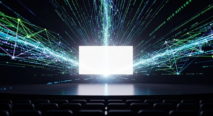 Futuristic conference stage with a glowing blank screen and abstract data connections.