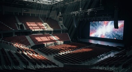 Futuristic Auditorium with Stage and Screen Displaying Abstract Imagery.