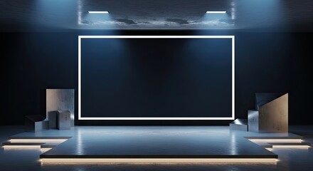 Futuristic Stage with Glowing Blank Screen for Presentation.